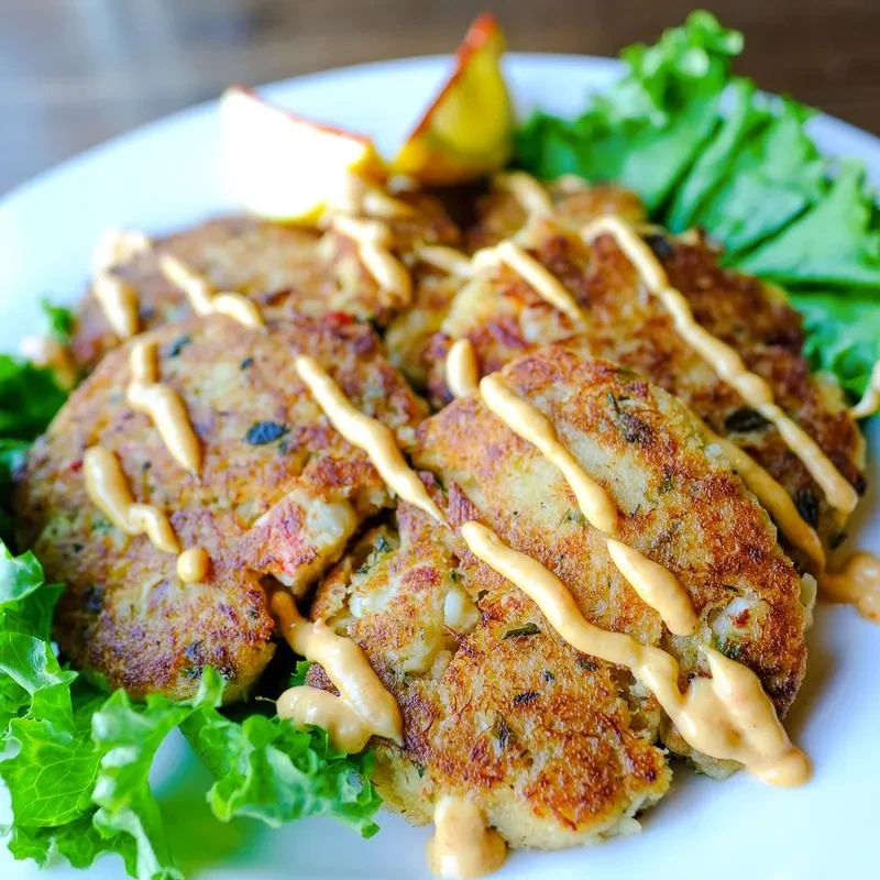 Golden-brown crab cakes with sauce, lettuce, and lemon on a plate.