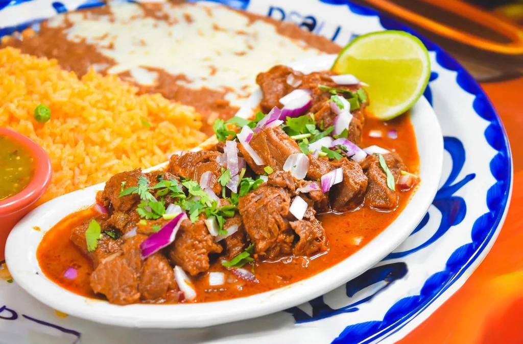 Mexican meat stew with rice, beans, and salsa on a decorative plate.