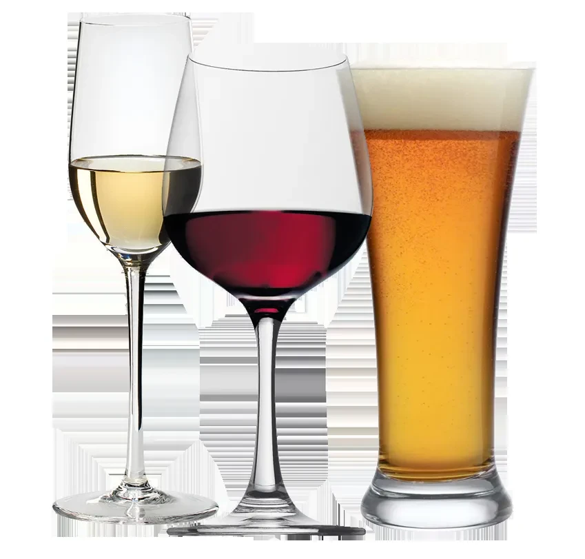 Sparkling wine, red wine, and beer in glasses on a plain background.