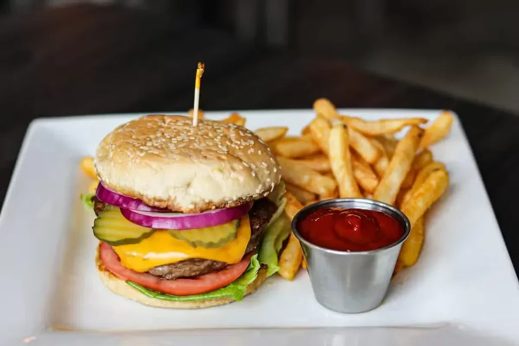 Gourmet cheeseburger, golden fries, and ketchup on a white plate.
