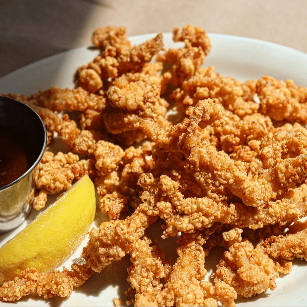 Crispy golden-brown fried seafood, dipping sauce, and lemon wedge.