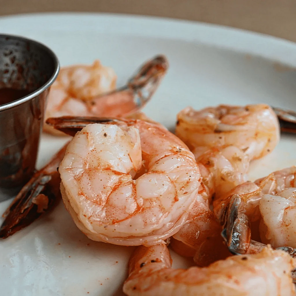 Cooked, seasoned, peeled shrimp on a white plate with sauce.