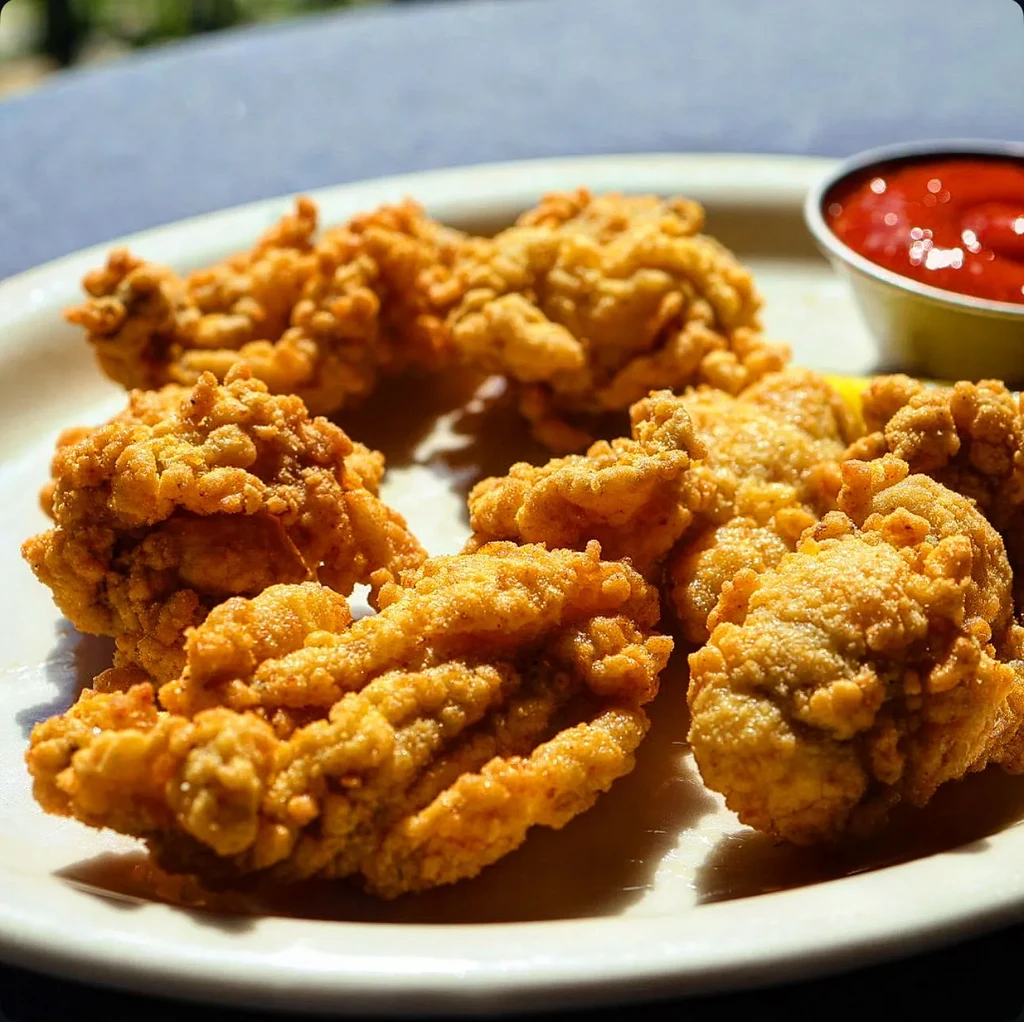 Crispy golden-brown fried food pieces with a cup of red sauce.