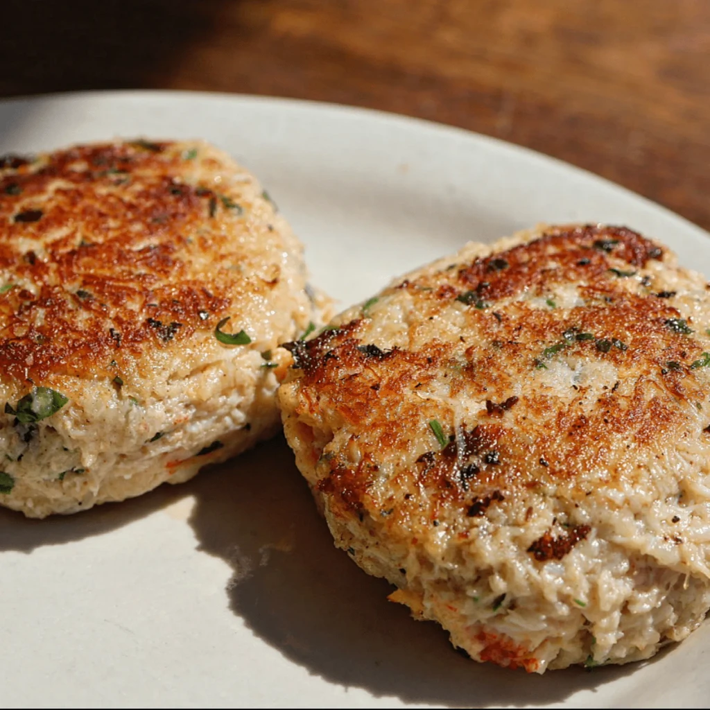 Two golden-brown pan-fried crab cakes with herbs on a plate.
