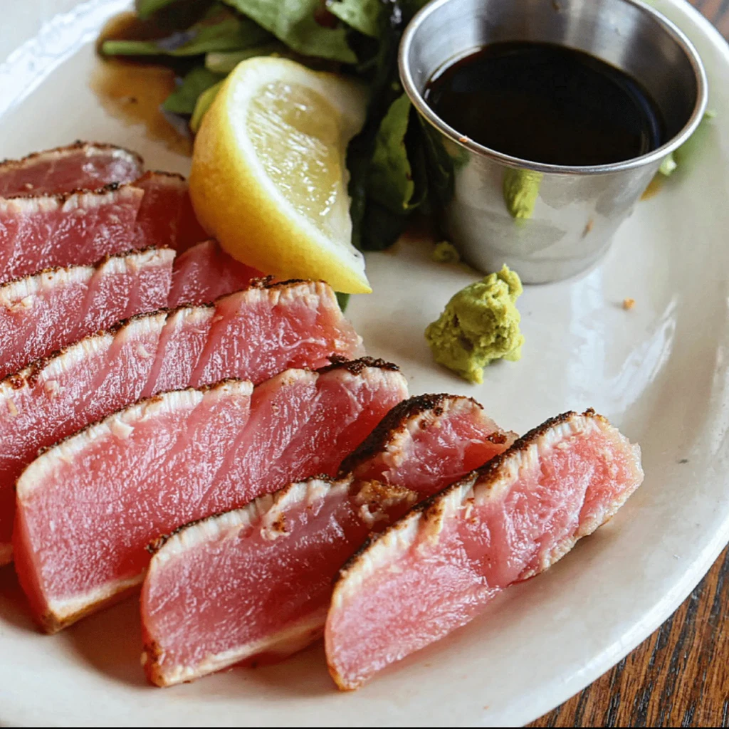 Seared tuna slices with lemon, wasabi, and salad on a white plate.