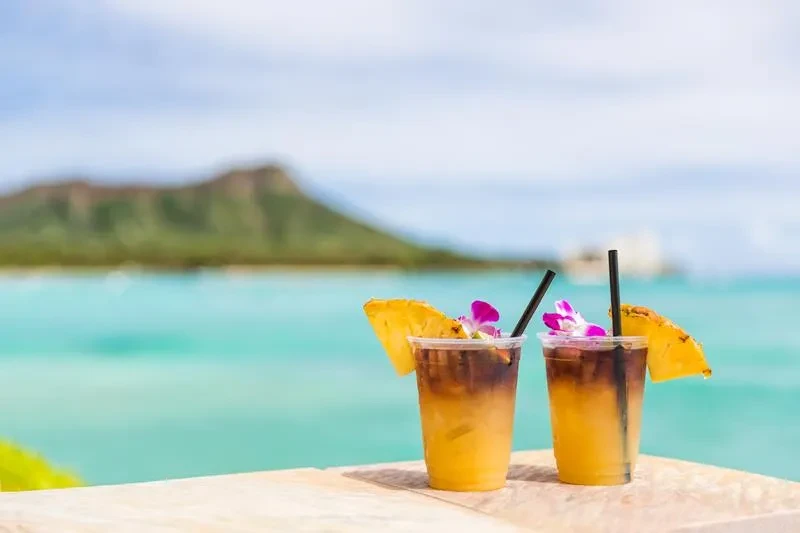 Two tropical drinks with orchids and pineapple overlooking the ocean.
