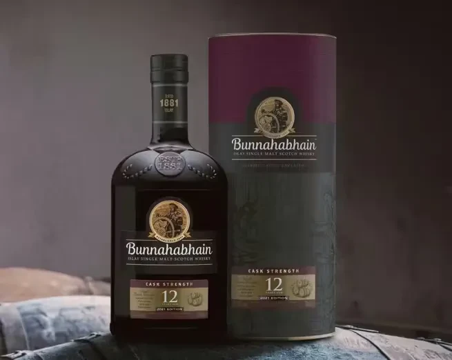 Bunnahabhain Islay 12-year-old Cask Strength whisky bottle and box.