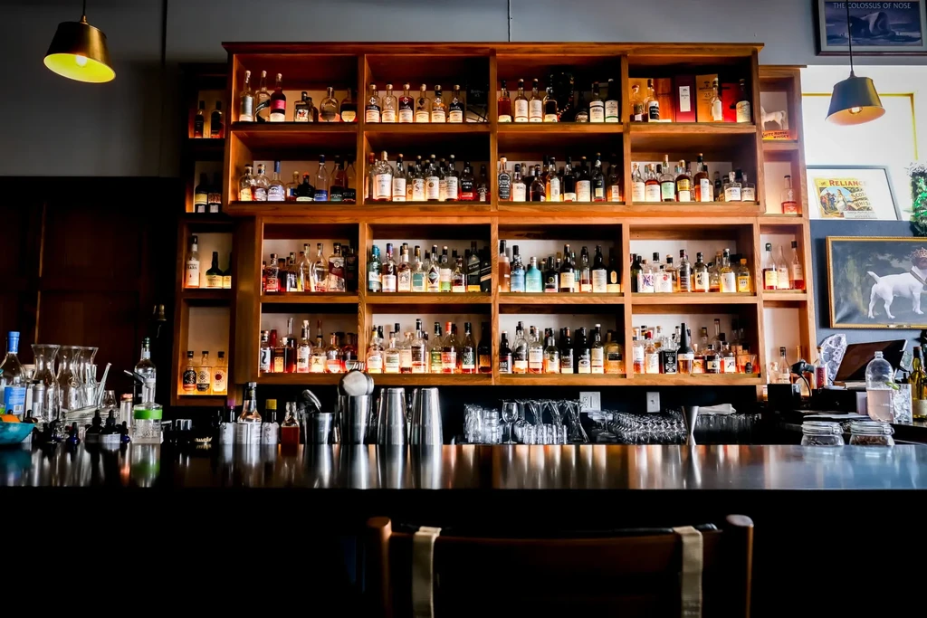Well-stocked bar interior with illuminated bottles, bar tools, and dog portrait.