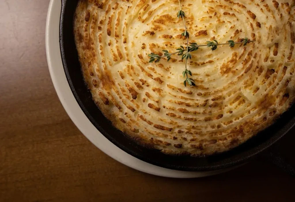 Golden-brown mashed potato topping in a skillet, garnished with thyme.