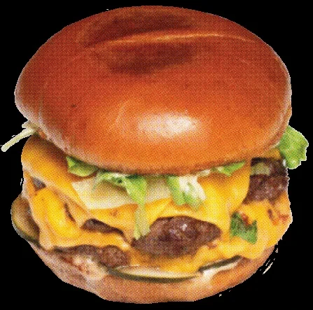 Halftone image of a large, cheesy burger with lettuce and pickles.