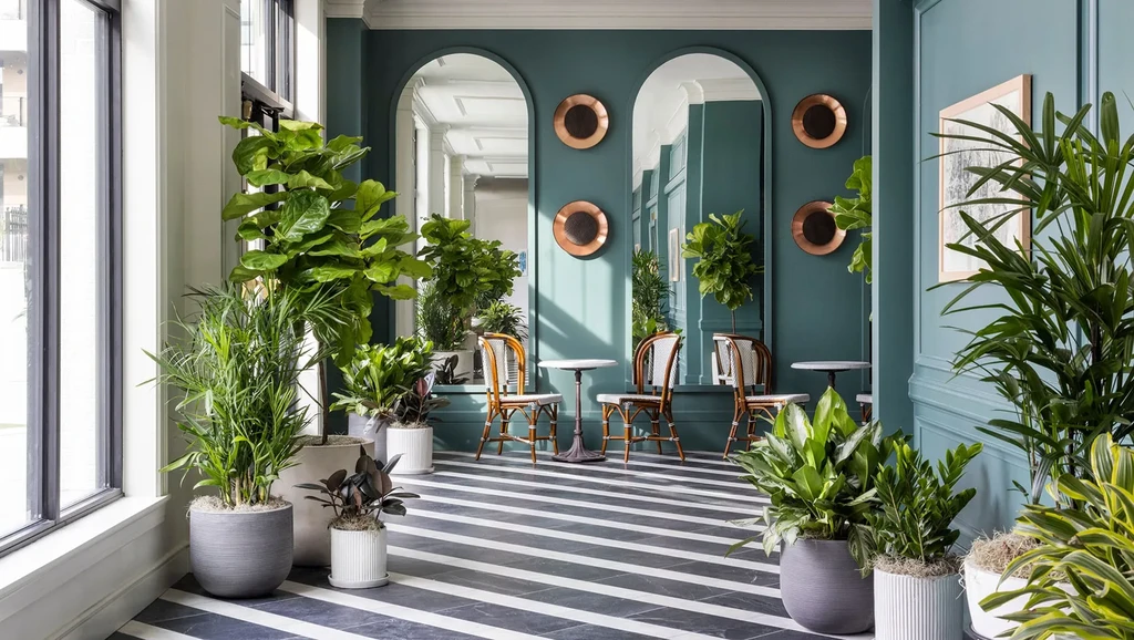 Lush, elegant lounge with striped floor, arched mirrors, and plants.