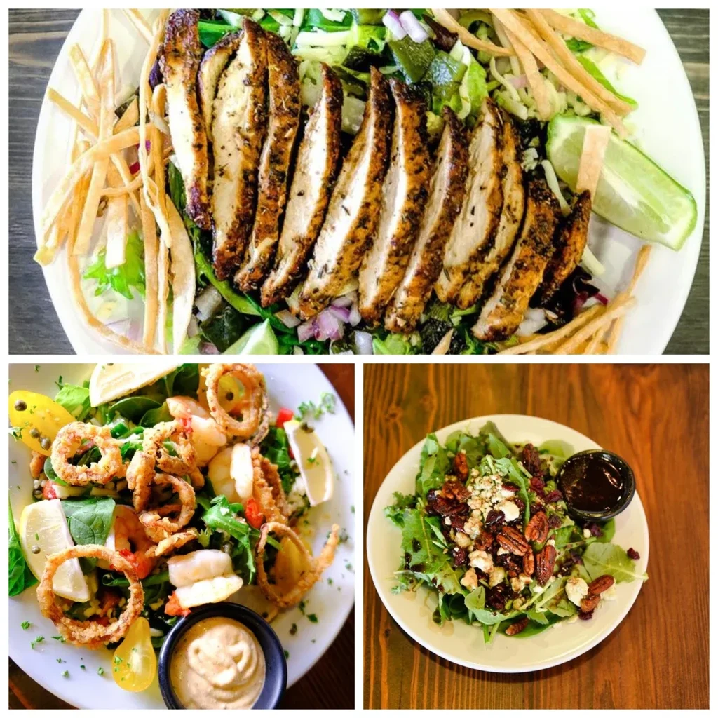 Collage of grilled chicken, shrimp, and pecan-cranberry salads.