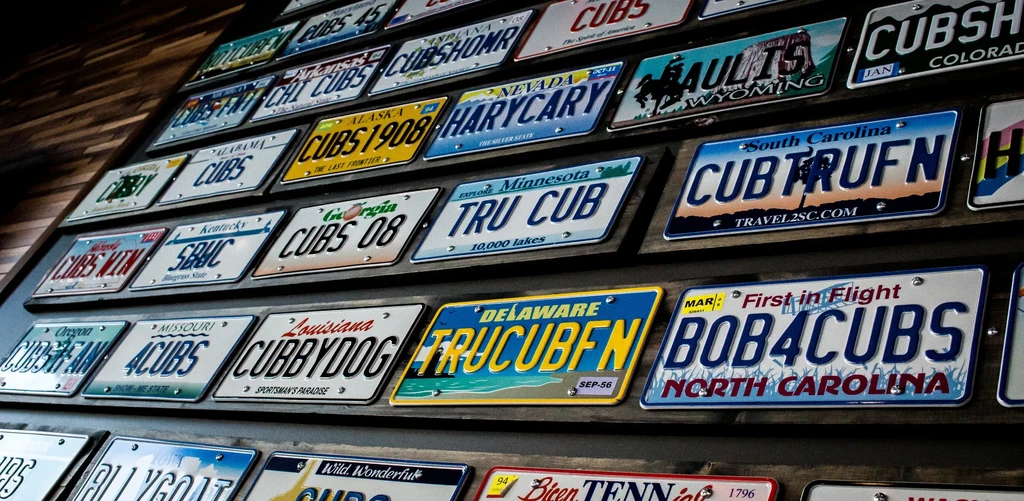 Numerous 'Cubs'-themed U.S. state license plates decorate a dark wall.