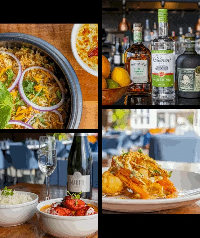 Four-panel collage featuring diverse professionally presented food and drinks.