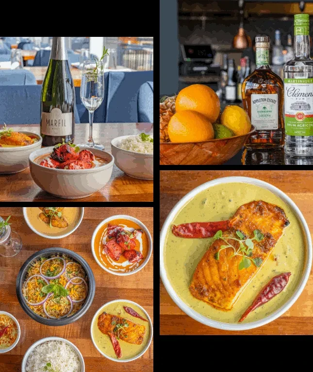 Collage of restaurant dining, bar drinks, and diverse food dishes.
