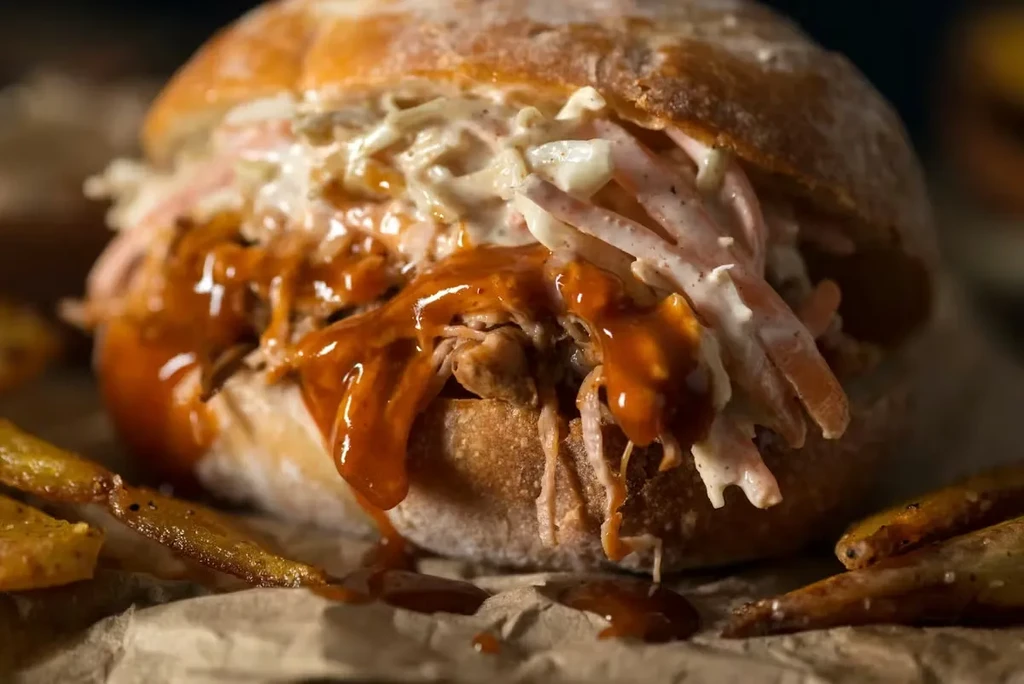 Close-up of a pulled pork sandwich with coleslaw, BBQ sauce, and fries.