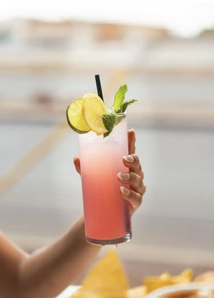 Hand holding pink iced drink, garnished with lemon, lime, and mint.