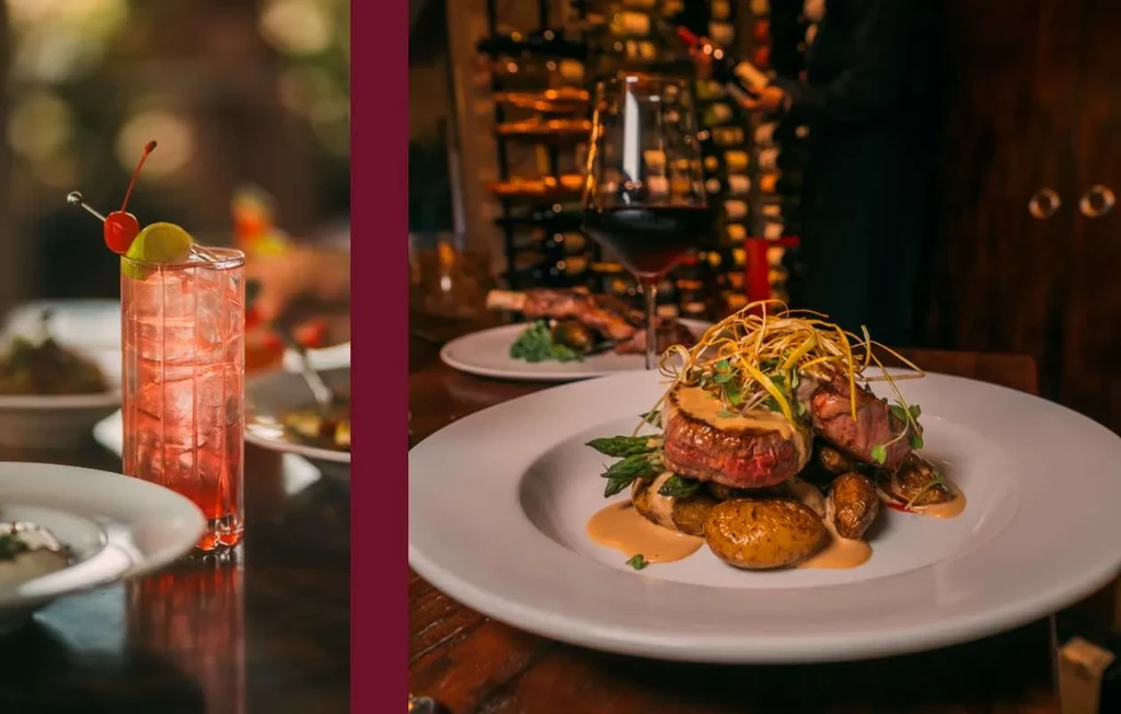 Composite: a cocktail outdoors and a plated meal in a wine cellar.