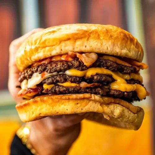 Hand holding a triple-patty burger with melted cheese and bacon.