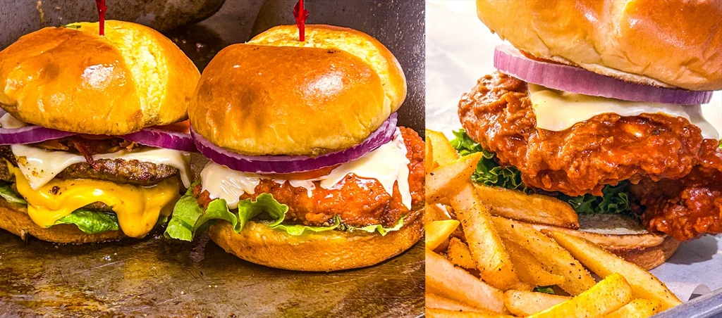 Close-up collage: cheeseburger, two chicken sandwiches, and seasoned fries.