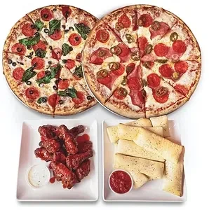 Two pepperoni pizzas, chicken wings, and breadsticks with dipping sauces.