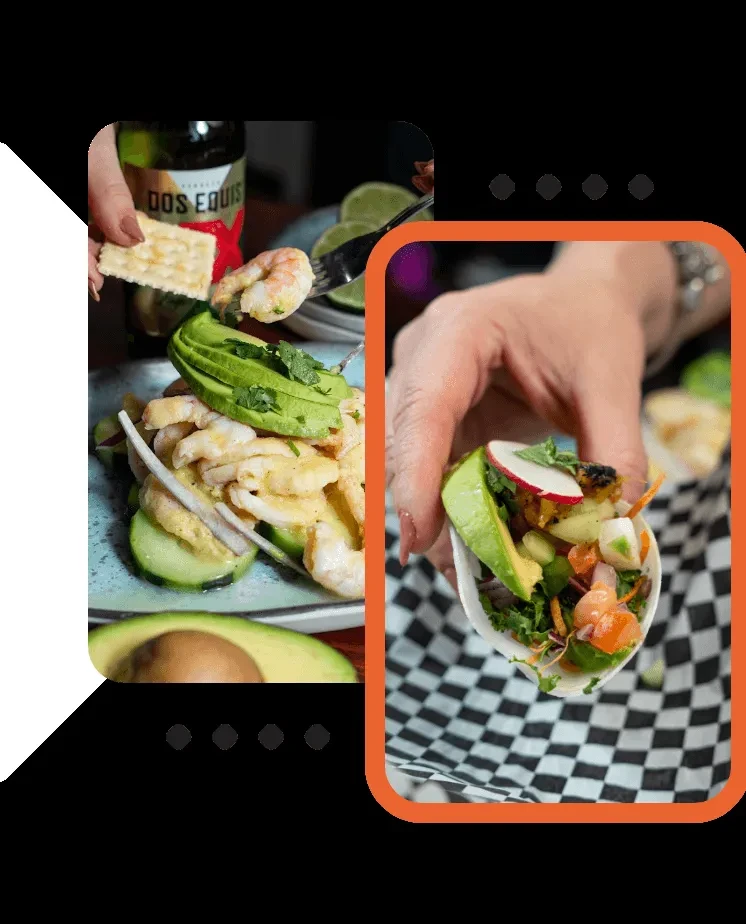 Hands scooping ceviche and holding a vibrant taco.