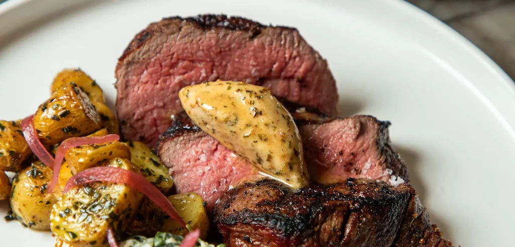 Sliced medium-rare steak, melting herb butter, roasted potatoes, pickled red onions.