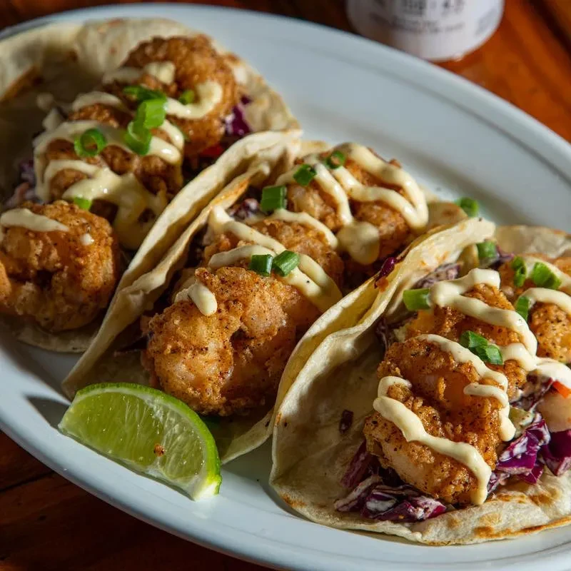 Three fried shrimp tacos with purple cabbage, sauce, green onions, and lime.