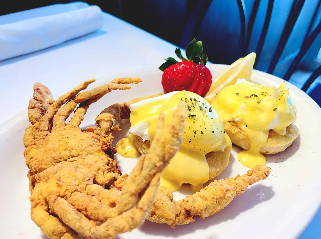Crispy fried soft-shell crab and eggs benedict with hollandaise.