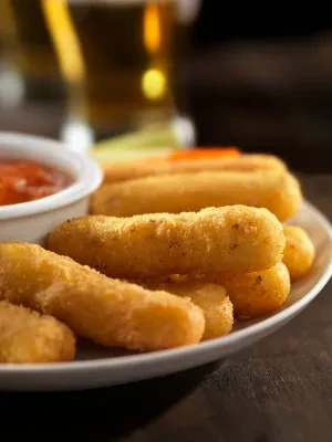 Fried appetizers with marinara sauce and blurred beer glasses.