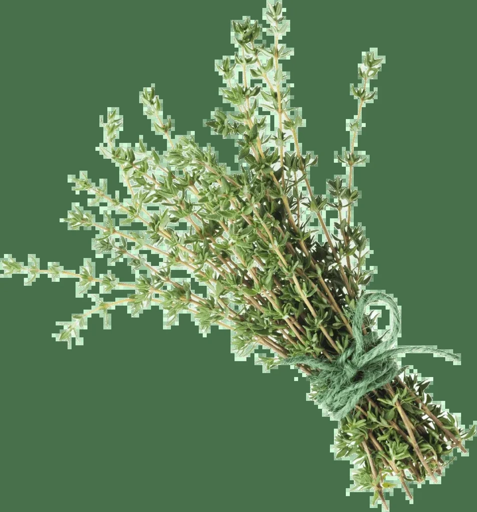 Fresh thyme sprigs tied with natural twine on a green background.