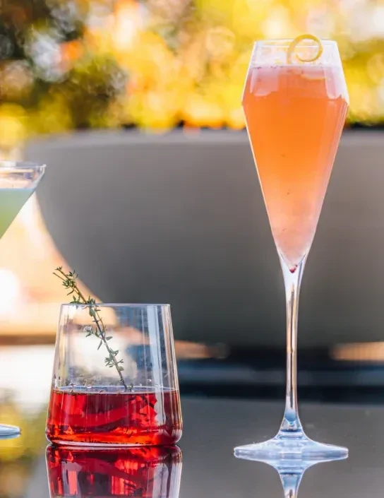 Two cocktails: orange-pink flute with lemon, red tumbler with green herbs.