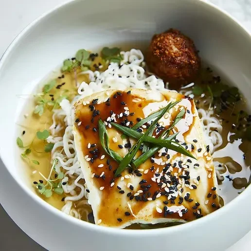 Rectangular seared fish or tofu, noodles, broth, sesame seeds.