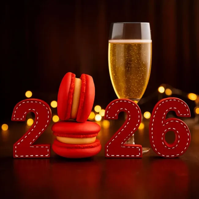 Red decorative numbers "2026" with macarons and sparkling wine.