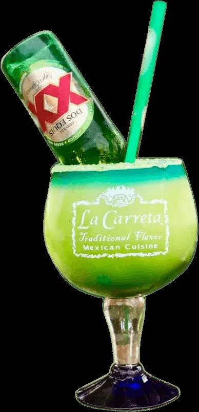 Green drink in goblet, inverted Dos Equis bottle, "La Carreta" text.