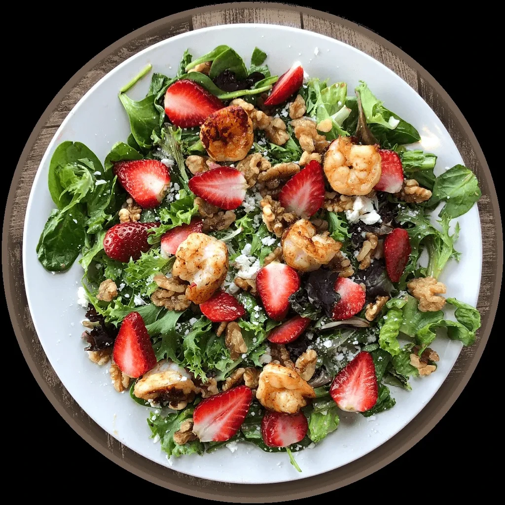 Grilled shrimp salad with strawberries, walnuts, and crumbled cheese.