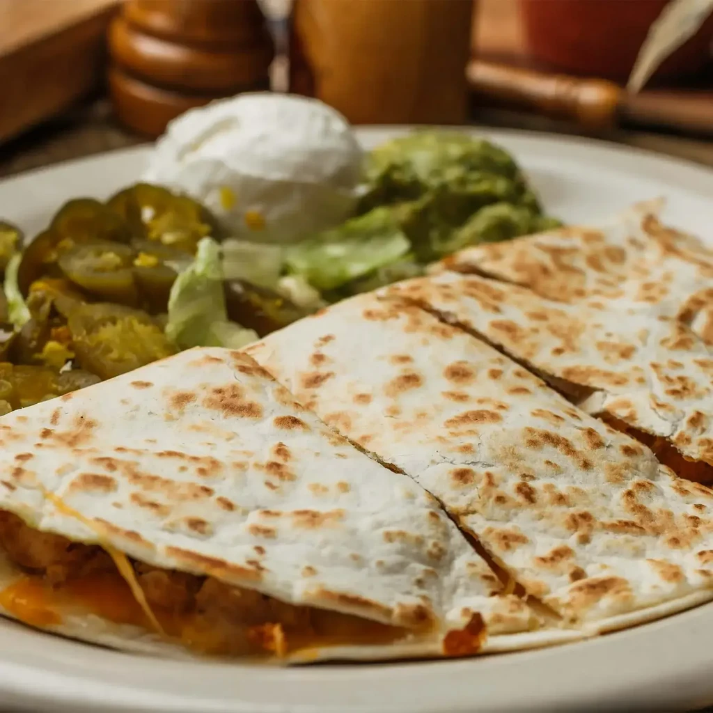 Quesadilla cut into four pieces with sour cream, guacamole, and jalapeños.