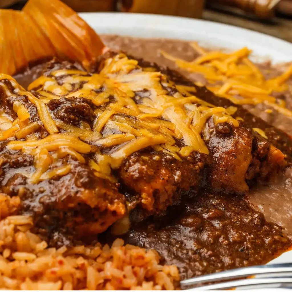Mexican enchiladas with dark sauce, cheese, rice, and refried beans.
