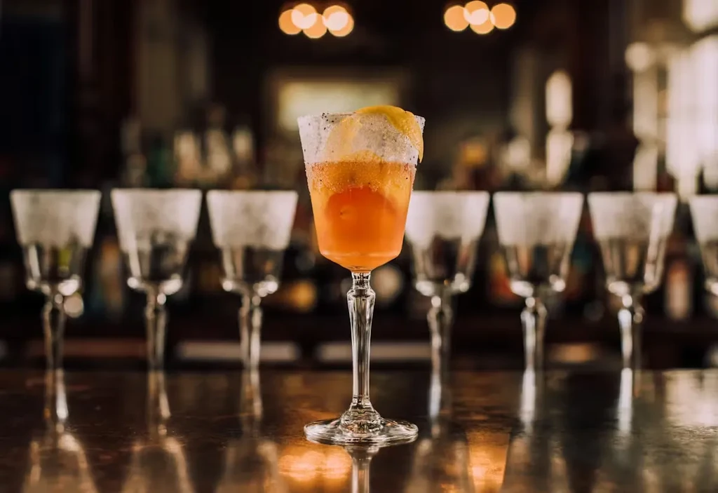 Orange cocktail with a sugar rim and citrus peel at a bar.