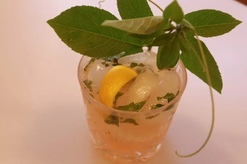 Pale yellow cocktail with ice, lemon, mint, and green leaf garnish.
