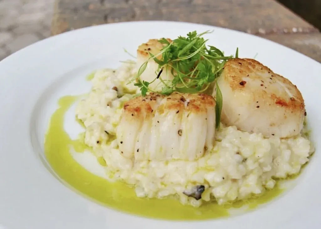 Three seared scallops on creamy risotto with herbs and green oil.
