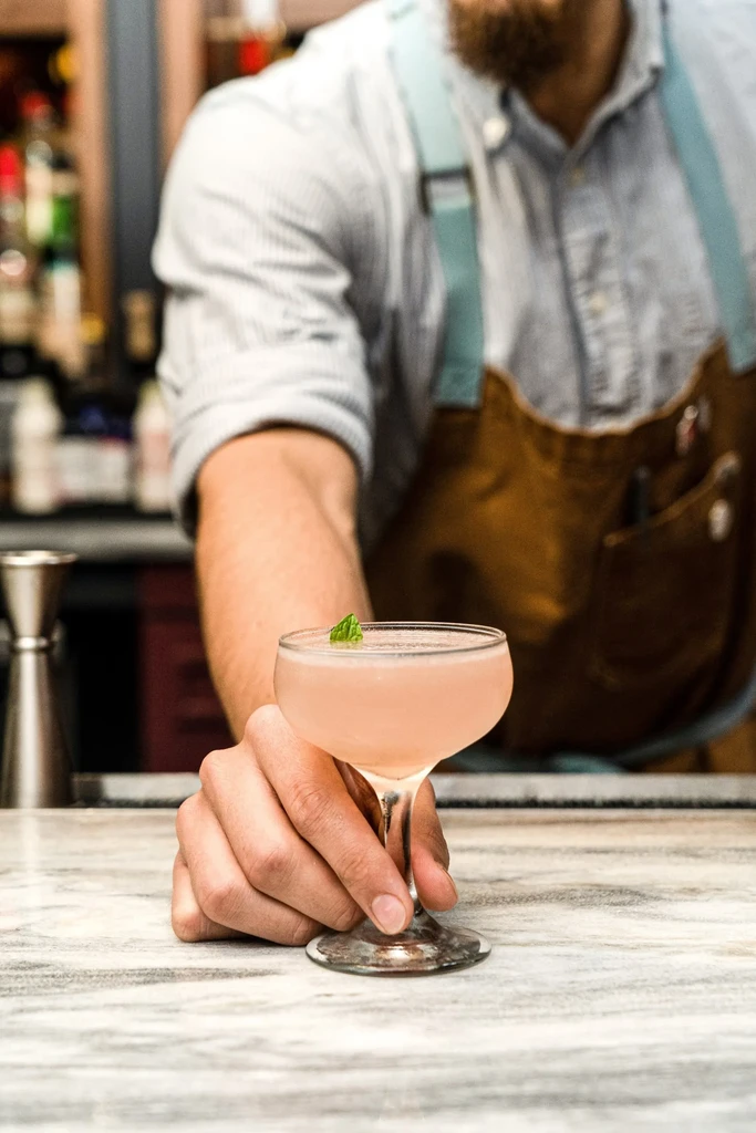 Bartender's hand offers pink cocktail in coupe glass with mint.