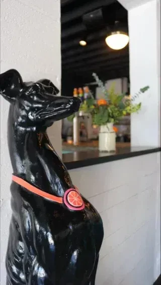 Black greyhound statue with coral collar and citrus charm, blurred bar.