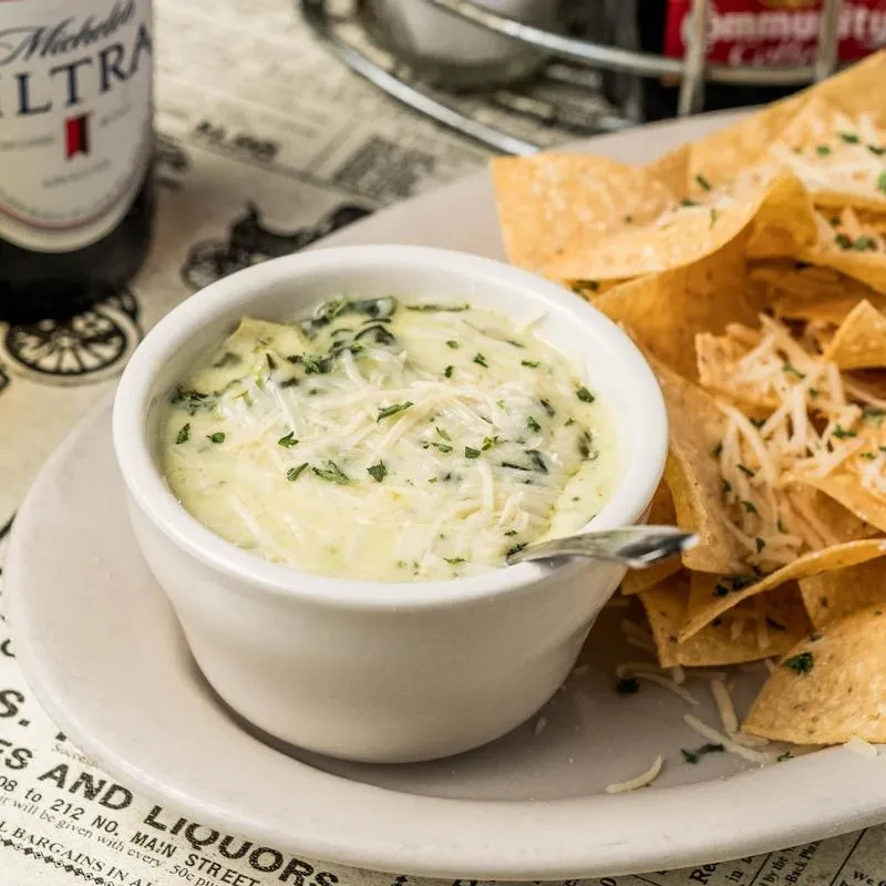 Bowl of creamy dip and tortilla chips topped with cheese and herbs.
