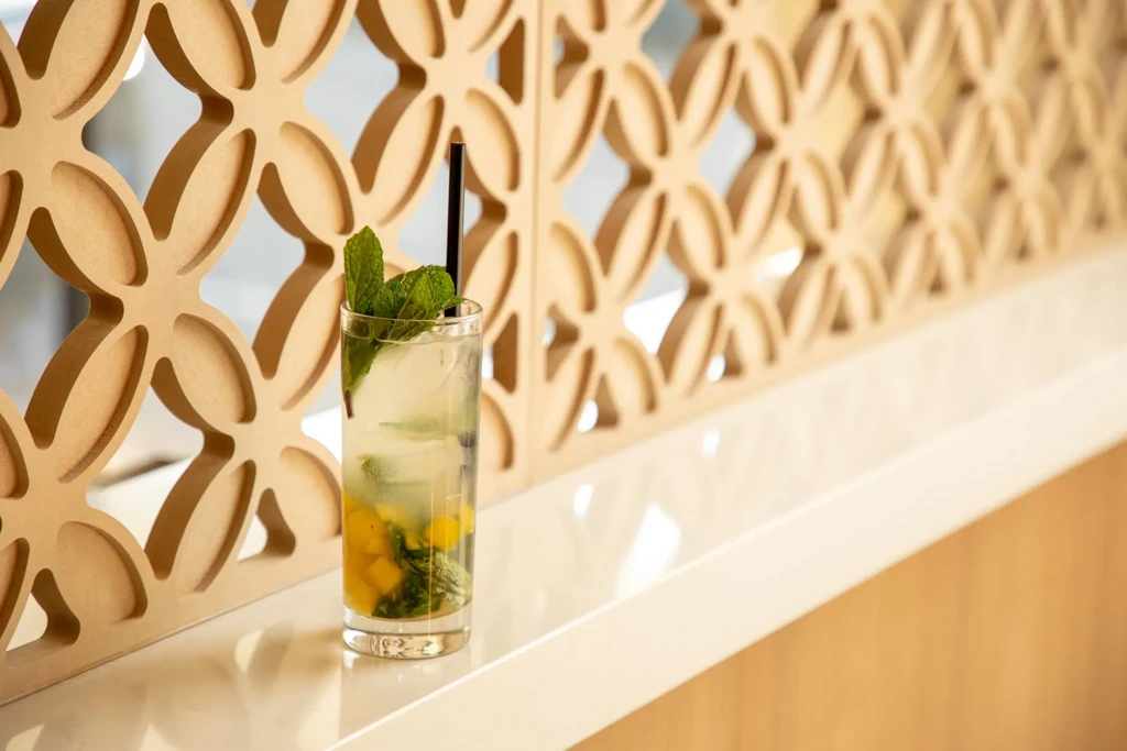 Clear glass of refreshing drink with mint, fruit, and ice.