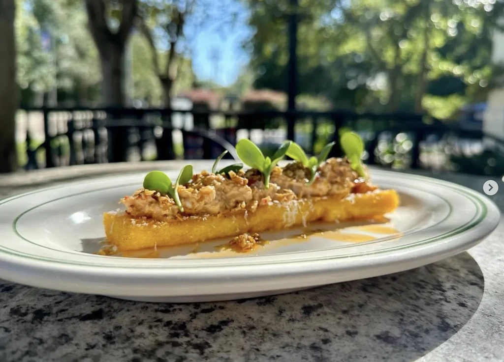 Golden appetizer with savory topping and microgreens on striped plate, outdoors.