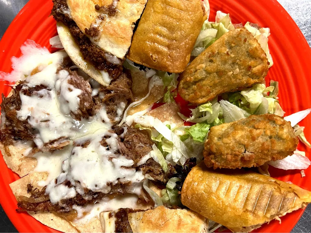 Close-up of cheesy shredded meat, lettuce, and fried savory items.