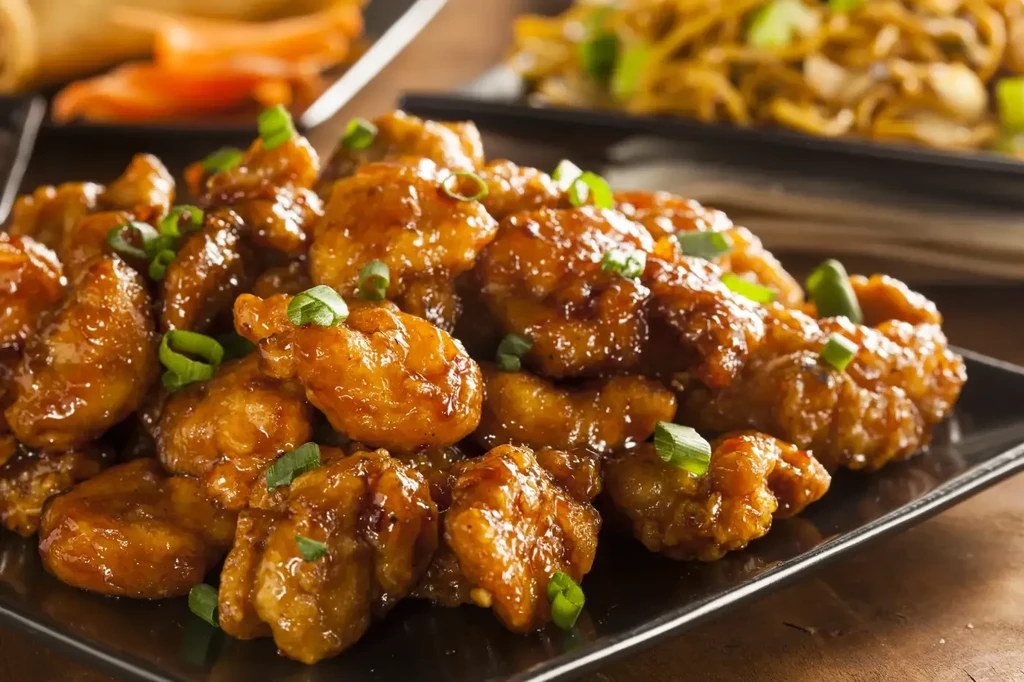 Glossy golden-brown glazed fried chicken with green scallions.