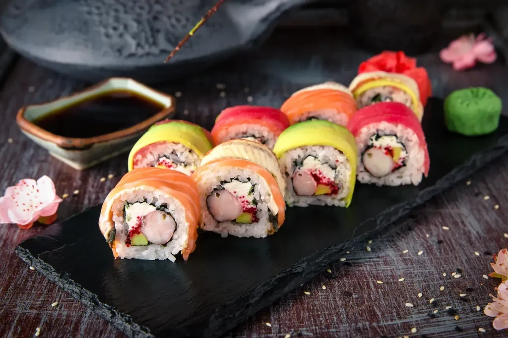 Artfully arranged colorful sushi rolls on slate with soy sauce.