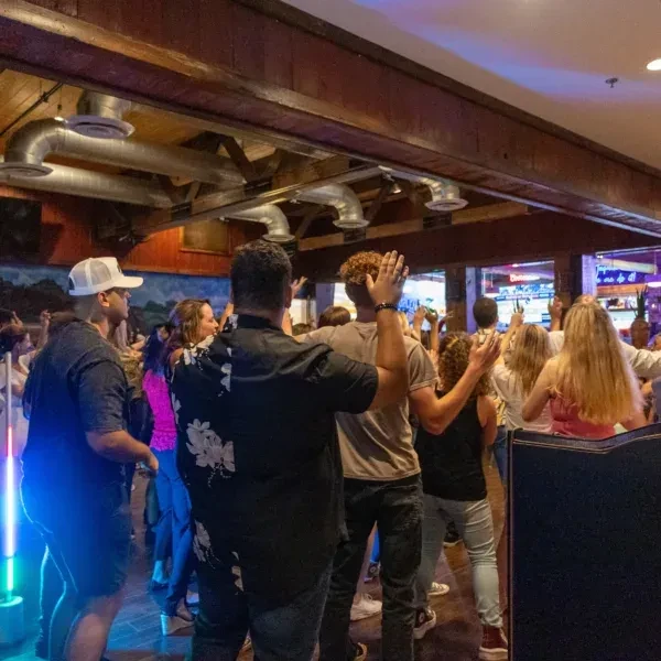 Group of people with raised hands in a colorful, dimly lit club.